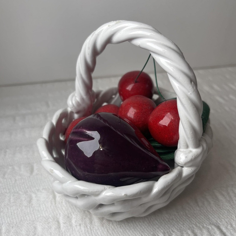 Vintage MCM Italy Capodimonte Woven White Basket Of Fruit Cottagecore